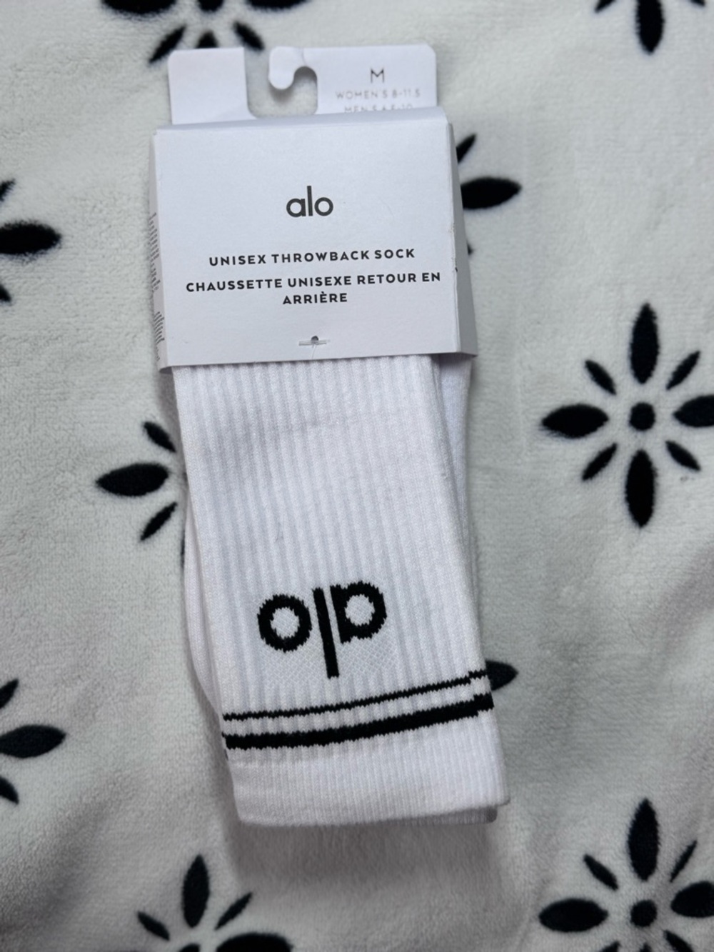 ALO Yoga White Crew Socks with Black Logo and Stripes
